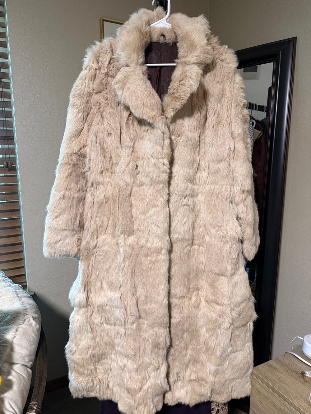 Women's Long 100% Rabbit Fur and Satin Trench Coat in Light Beige